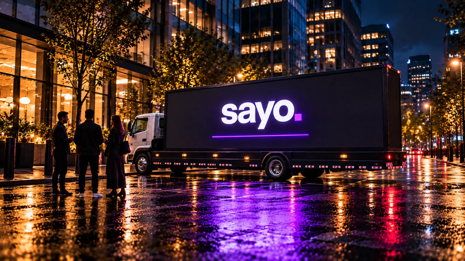 Campaign visualization: People talking beside a lit screen on a wet city street.