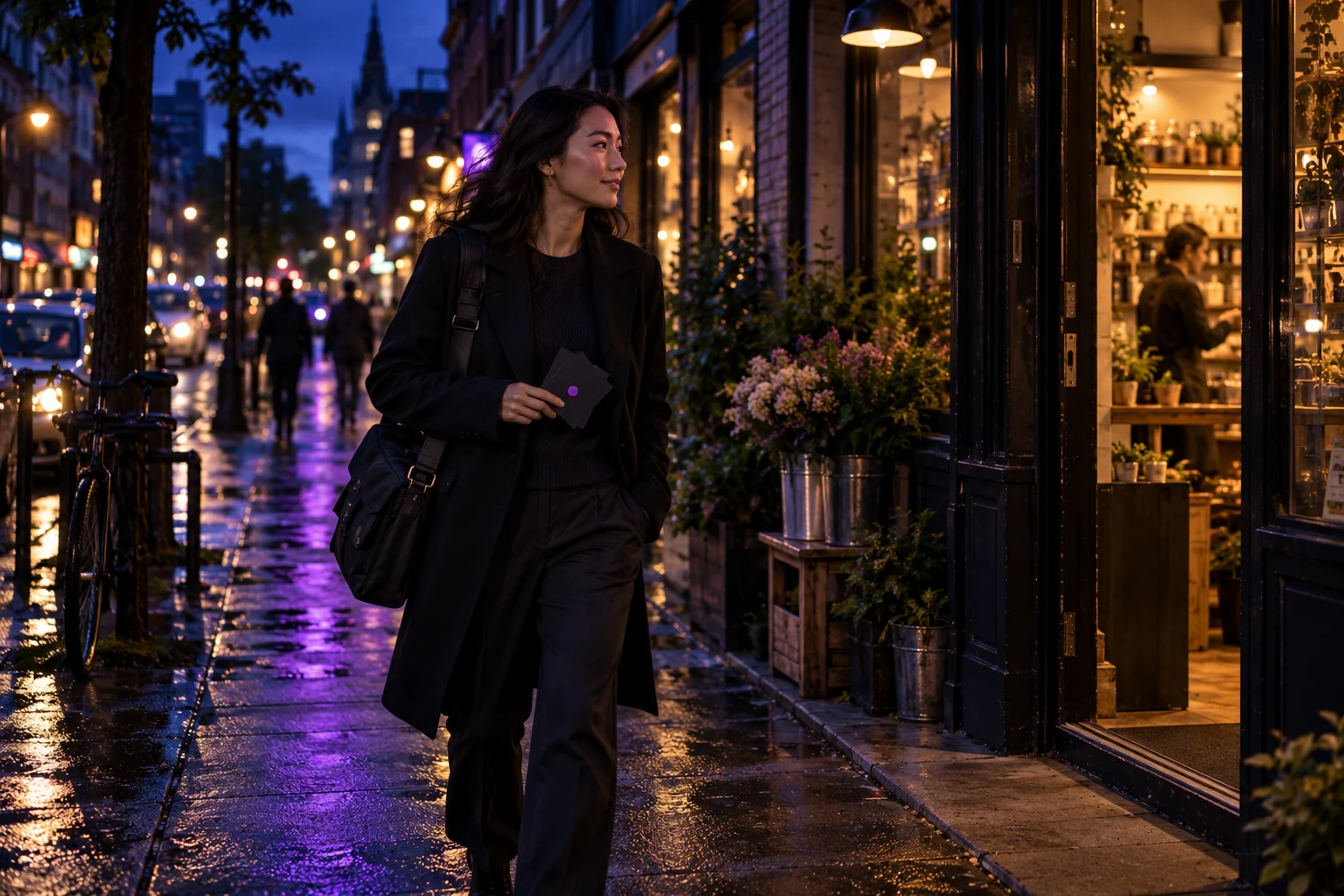Career illustration: a brand ambassador carrying promotional cards walks toward a neighbourhood shop in the evening.