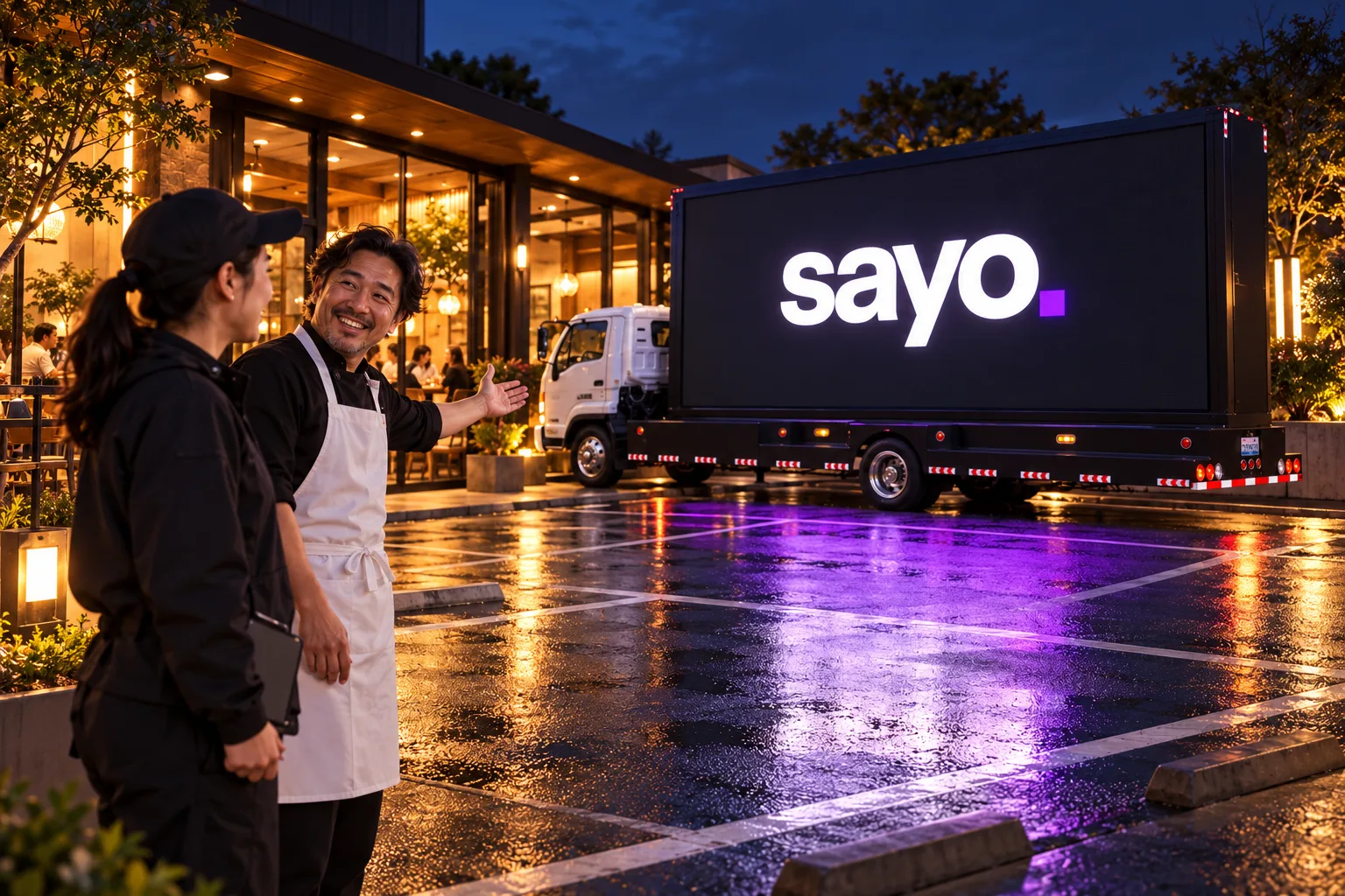 A restaurant owner welcomes a Sayo operator beside the LED truck in the business’s parking area.