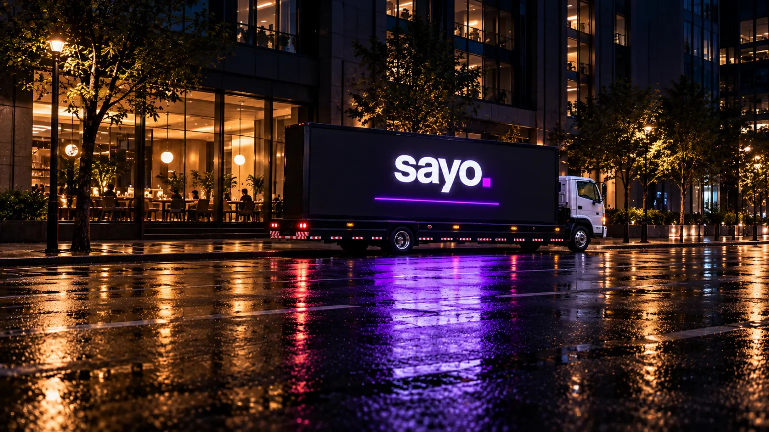 Campaign visualization: The lit Sayo truck across a quiet wet street.