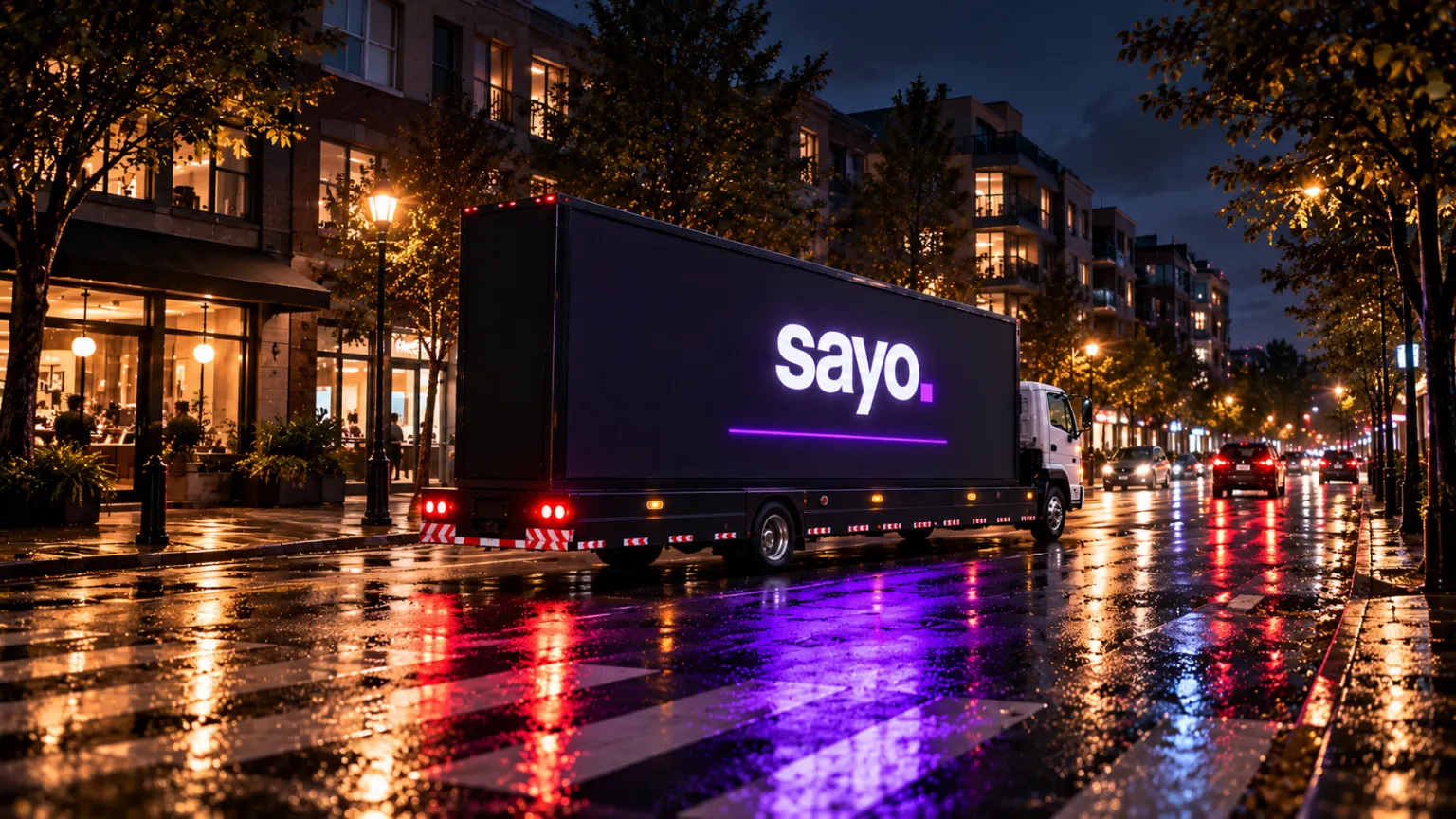 Campaign visualization: The Sayo LED truck passing through a neighbourhood at night.