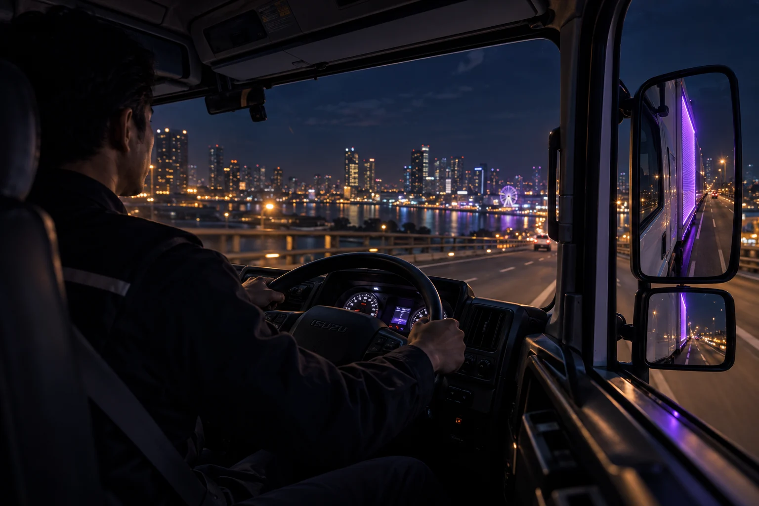 Career illustration: a driver in a truck cab at night, with city lights ahead and the LED screen reflected in the mirror.