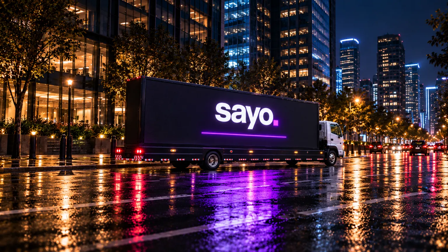 Campaign visualization: The long flat-deck Sayo truck at rest, showing its side screen.