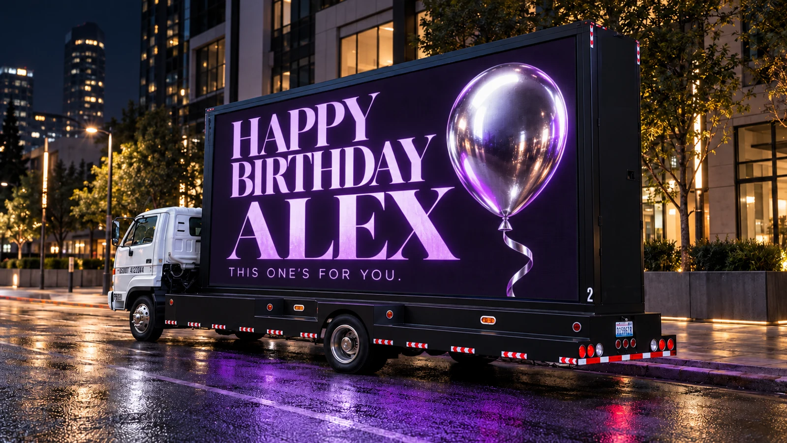 Birthday concept: HAPPY BIRTHDAY ALEX, THIS ONE’S FOR YOU, with a silver balloon.