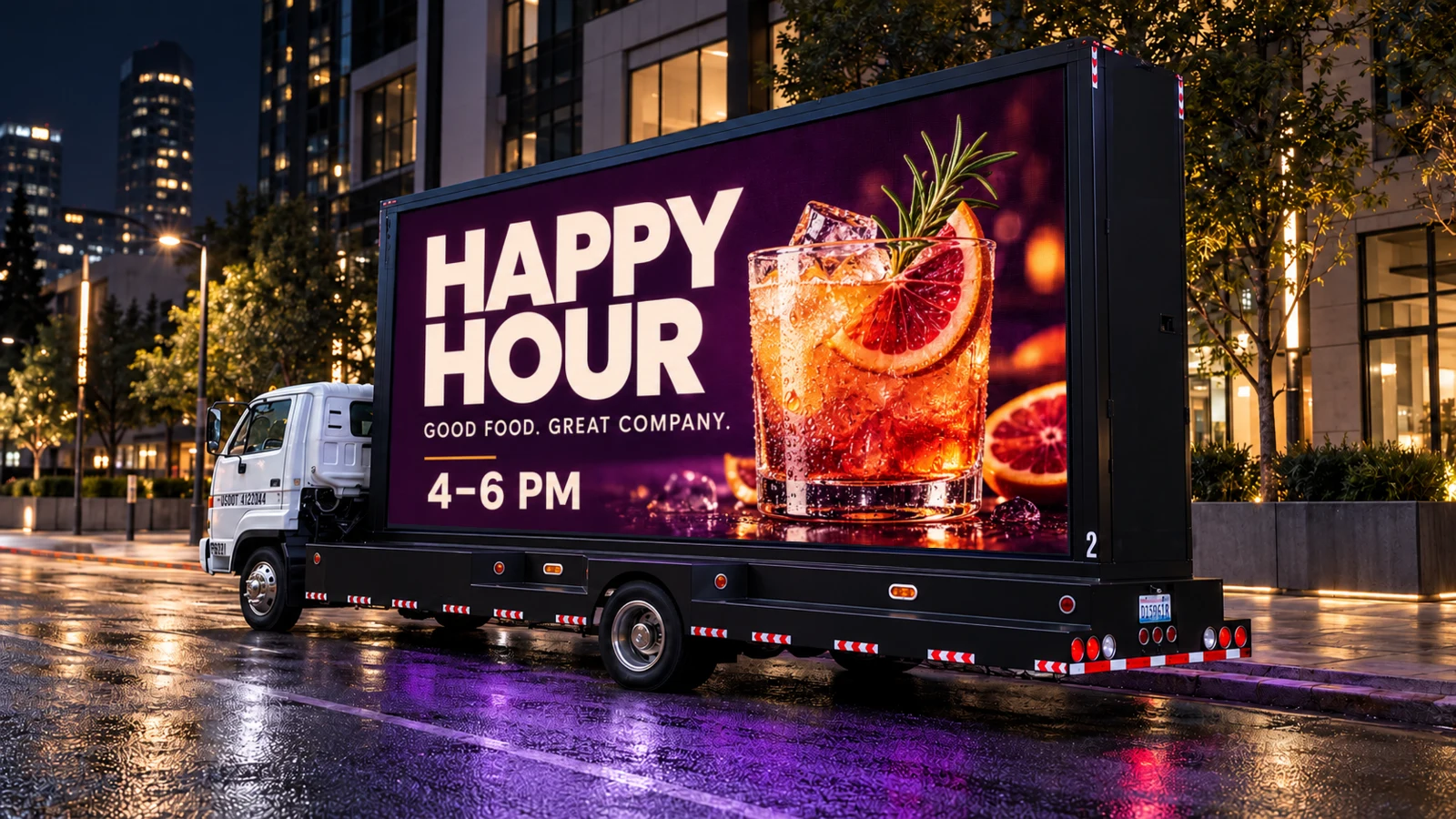 Happy hour restaurant concept: HAPPY HOUR, GOOD FOOD. GREAT COMPANY., 4–6 PM, with a citrus cocktail.