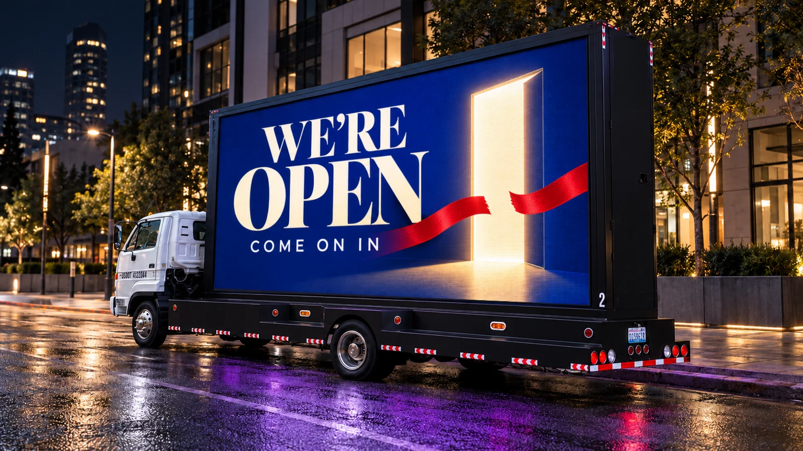 Grand opening concept: WE’RE OPEN, COME ON IN, beside an illuminated doorway.
