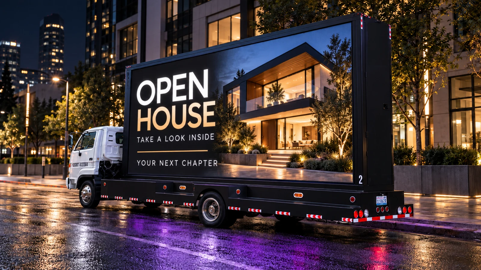 Real-estate concept: OPEN HOUSE, TAKE A LOOK INSIDE, YOUR NEXT CHAPTER, with an example home.