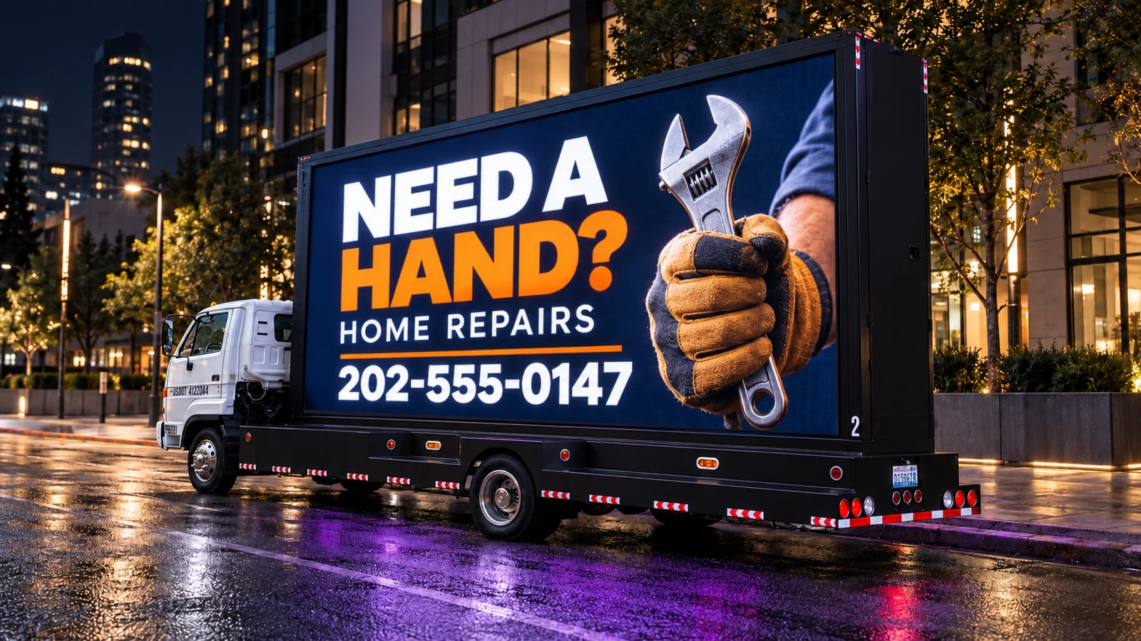 Service-business concept: NEED A HAND? HOME REPAIRS, 202-555-0147. Fictional demonstration phone number.