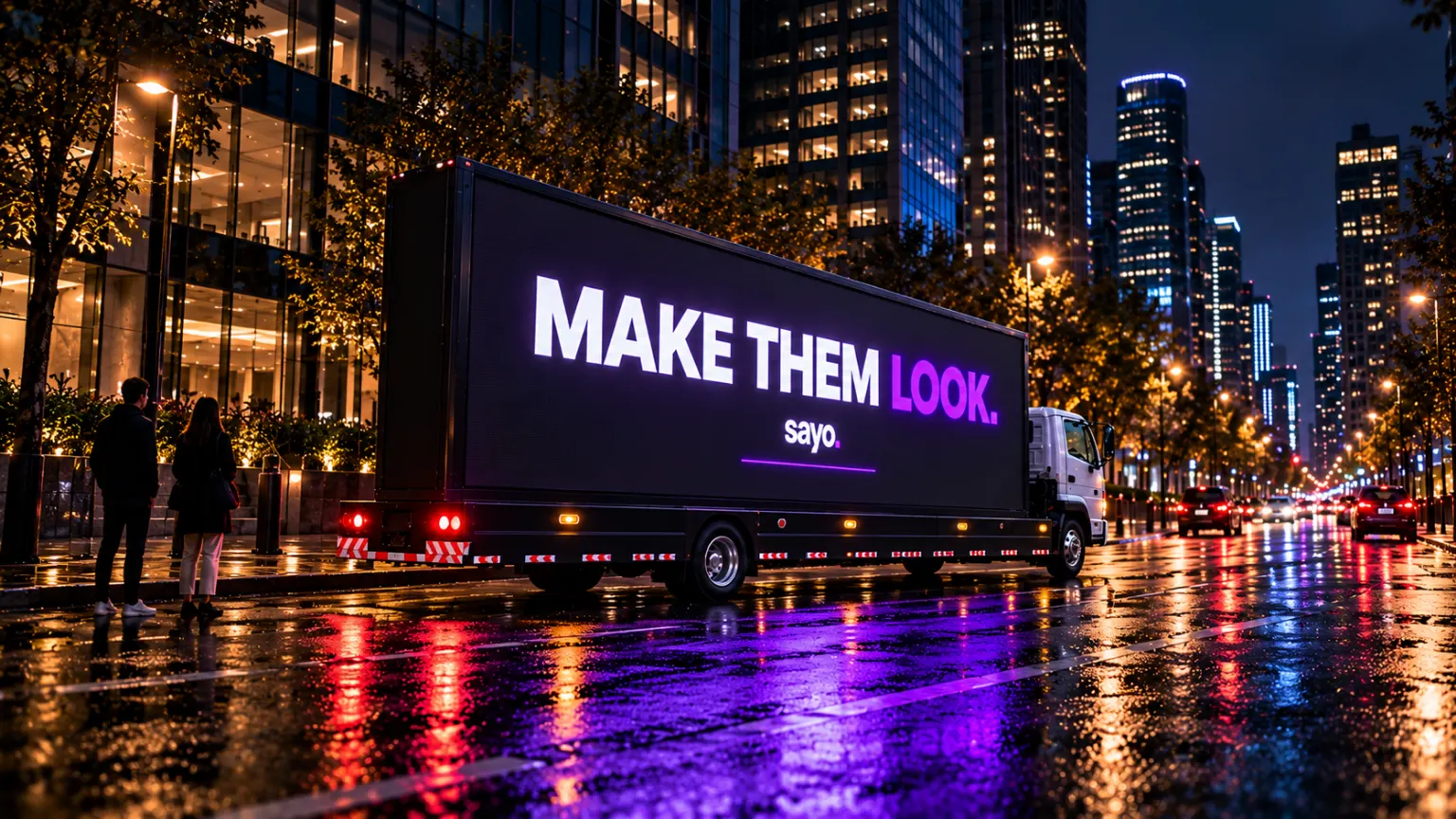 Campaign visualization: An example message on the LED screen, with pedestrians nearby.