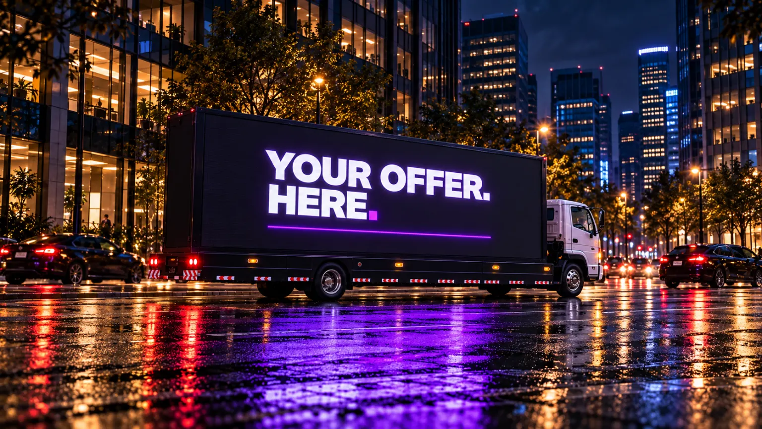Campaign visualization: A street-side LED screen showing example offer artwork.