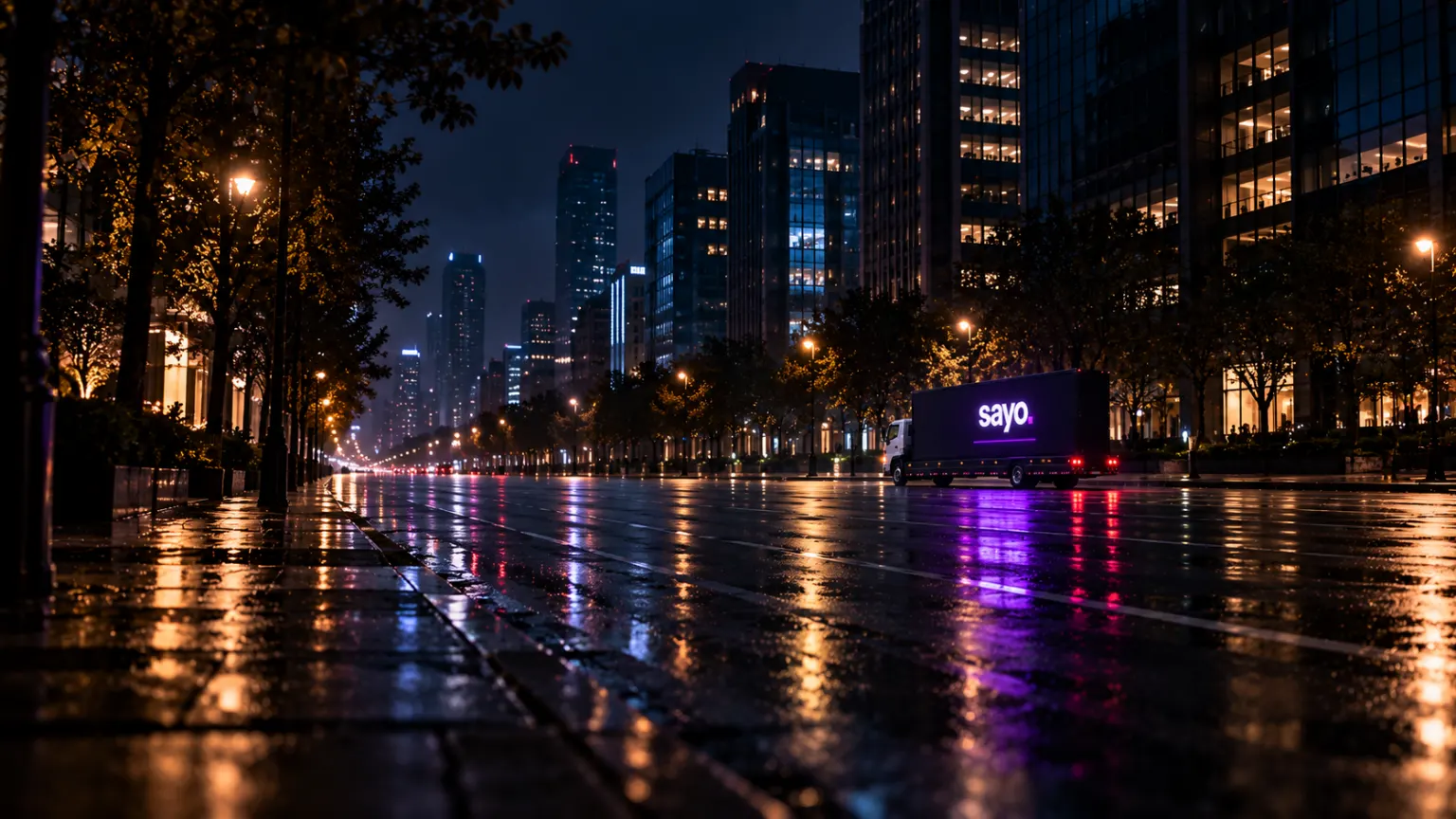 Campaign visualization: A distant screen glowing softly down a dark avenue.