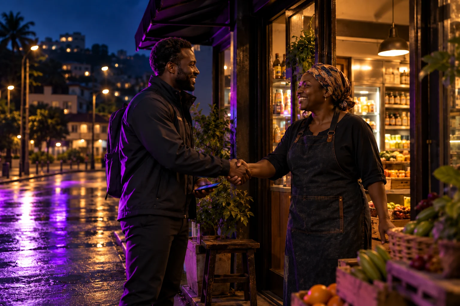 Career illustration: a sales agent holding a phone shakes hands with a local shop owner at dusk.