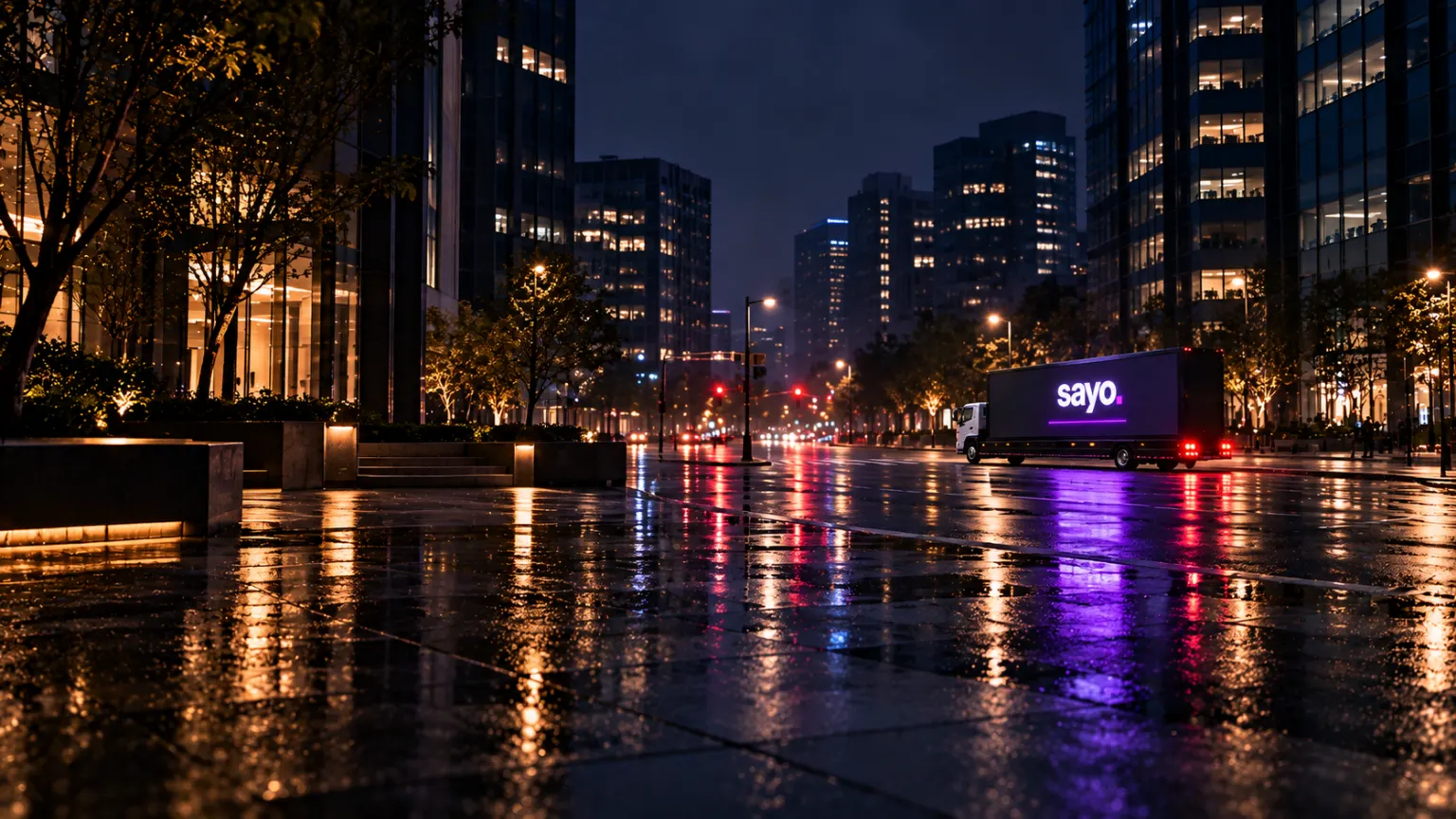 Campaign visualization: A distant LED truck beyond a rain-dark plaza.